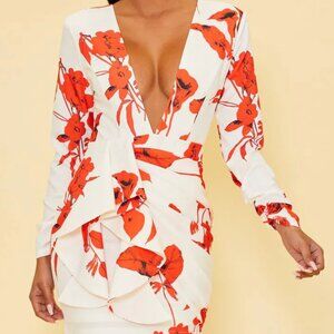Elegant White Red Floral Print Deep V-Neck Dress